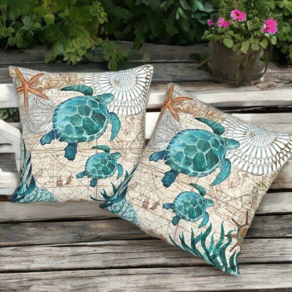Beach Pillow Covers Soft Cases Set Cottage Decor Coastal Nautical Decoration 18" - Picture 7 of 8